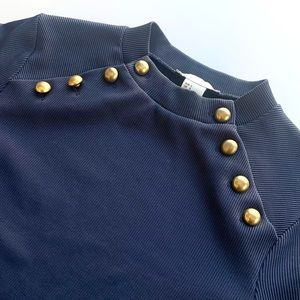 H&M Bodycon Ribbed Long Sleeve Dress with Gold Button Details in Navy | Small